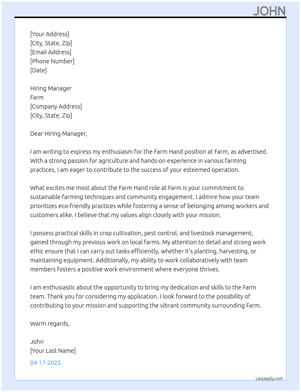 Farm Hand At Farm Cover Letter