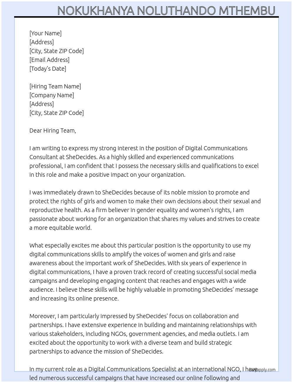 Digital Communications Consultant  At SheDecides Cover Letter