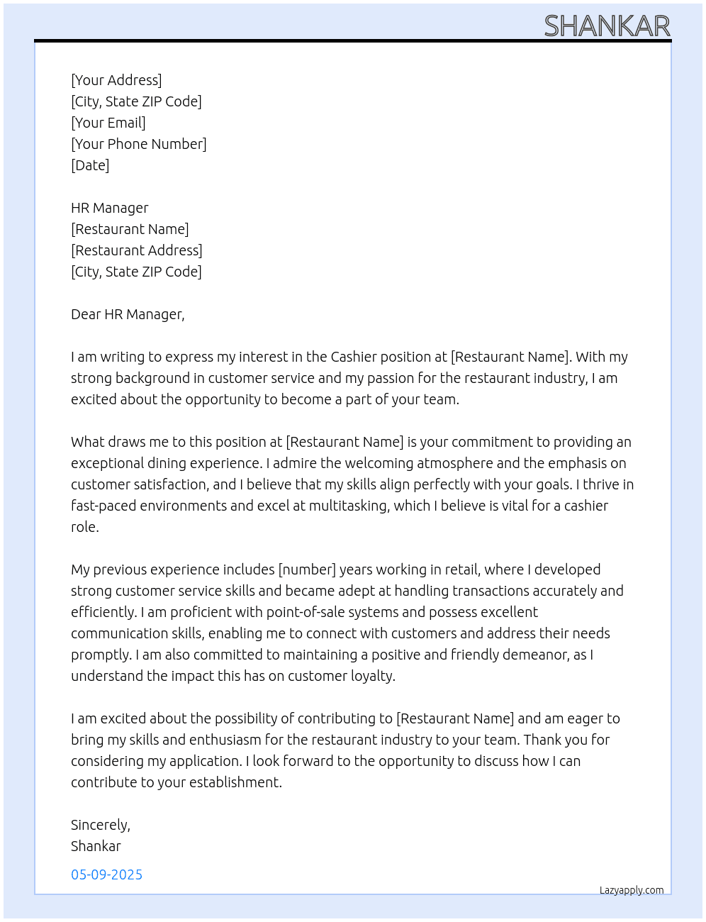 cashier At restuarant Cover Letter