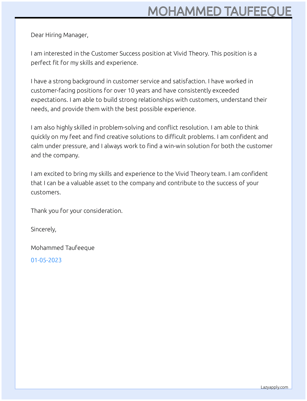 Customer Success At Vivid Theory Cover Letter