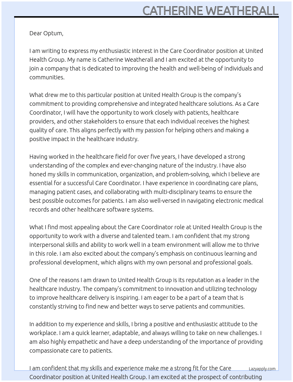 Care Coordinator At United Health Group Cover Letter
