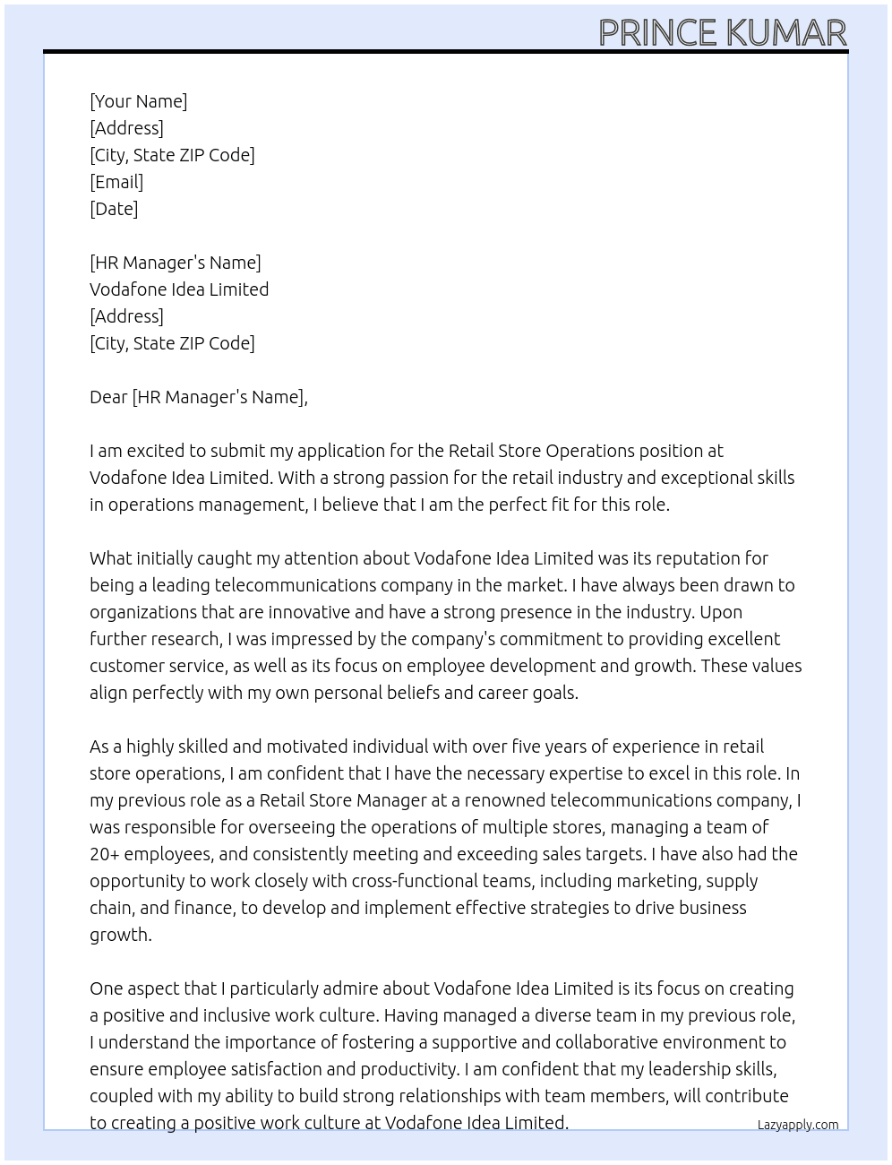 Retail store operations  At Vodafone idea limited  Cover Letter