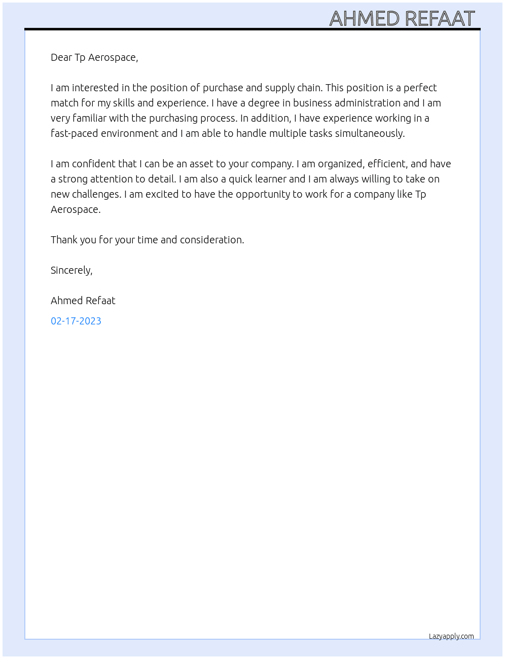 purchase and Supply chain  At Tp Aerospace  Cover Letter