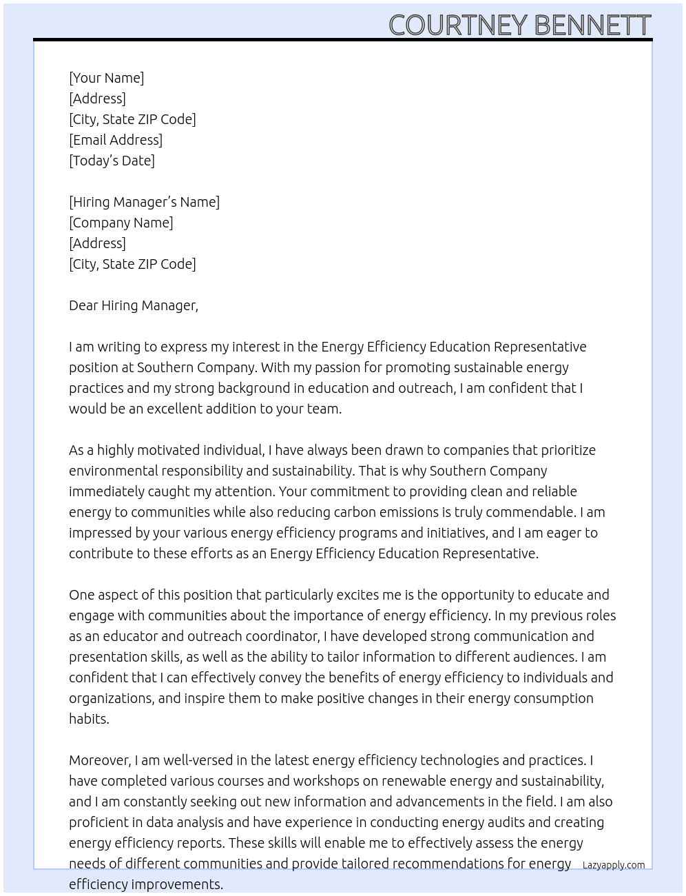 Energy Efficiency Education Representative  At Southern Company Cover Letter
