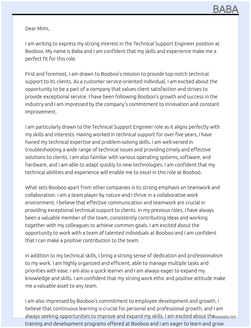 technical Support Engineer At booboo Cover Letter
