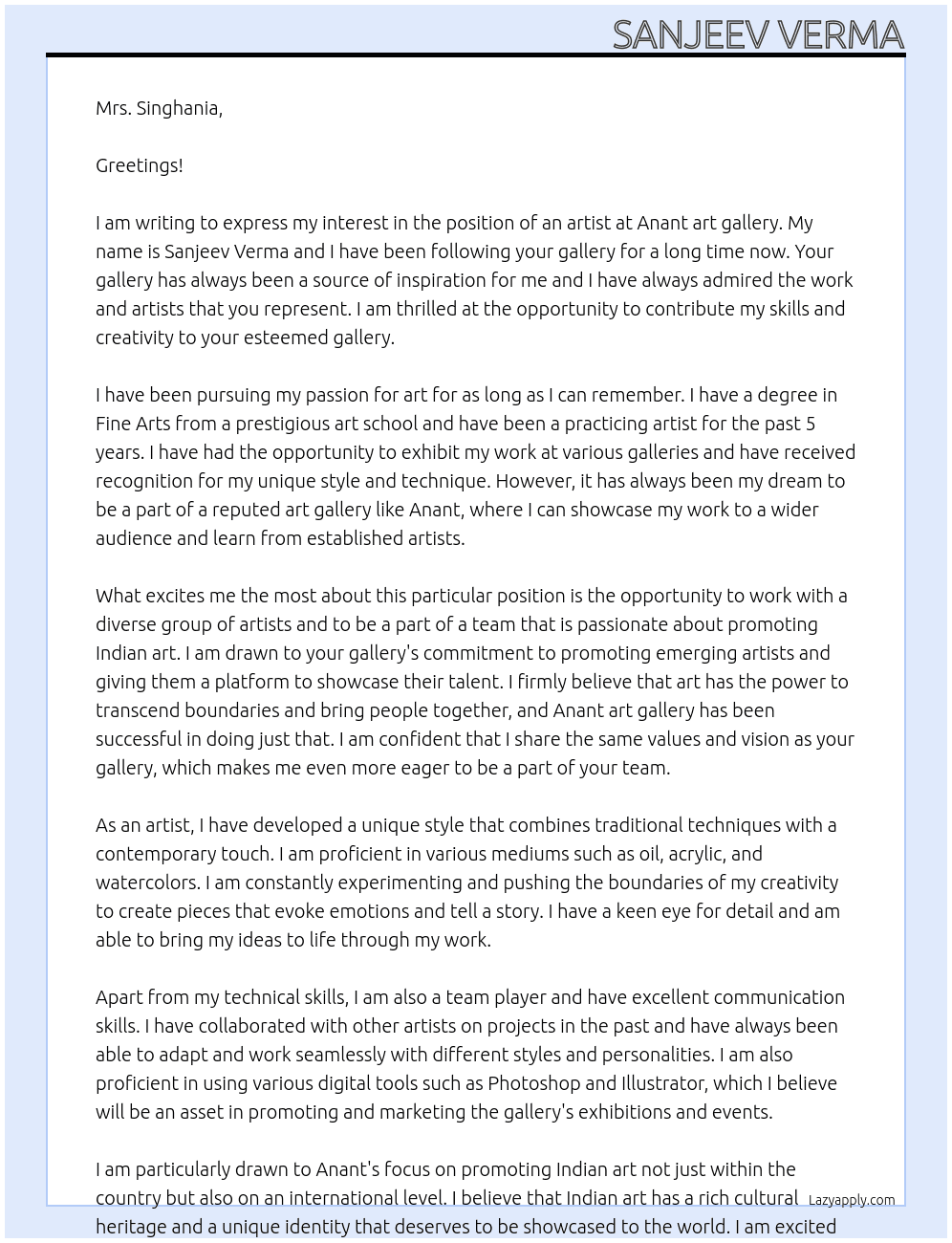 artist At Anant art gallery Cover Letter