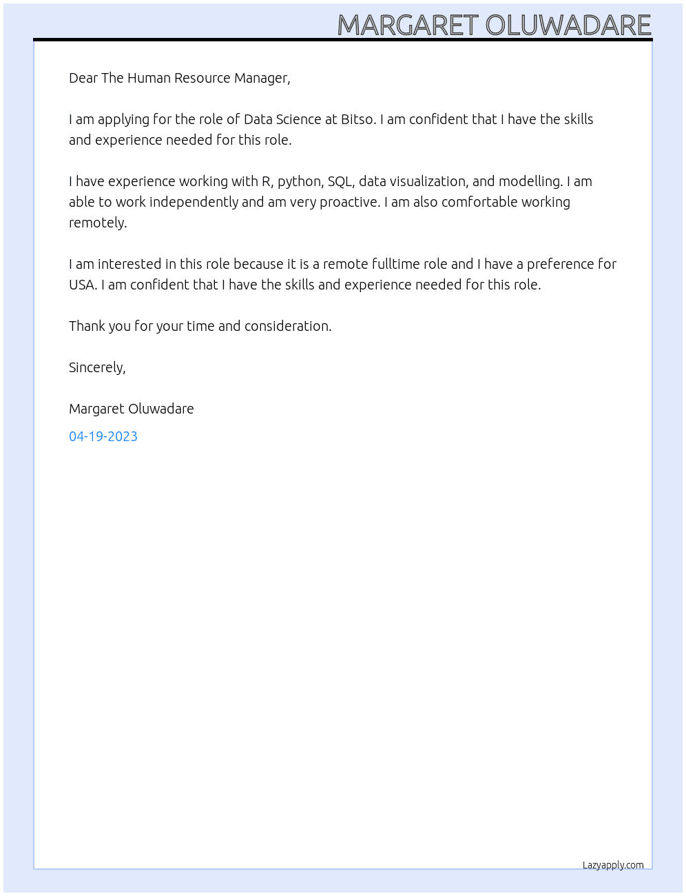 Data Science At Bitso Cover Letter