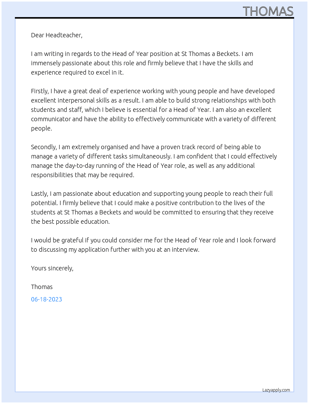 Head of year At St thomas a beckets Cover Letter