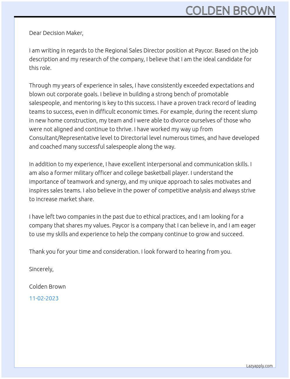 Regional Sales Director At Paycor Cover Letter