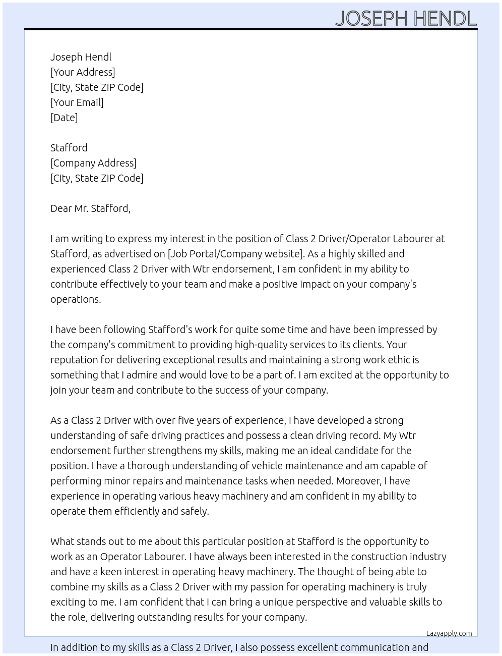 Class 2 Driver/Operator Labourer At Stafford Cover Letter