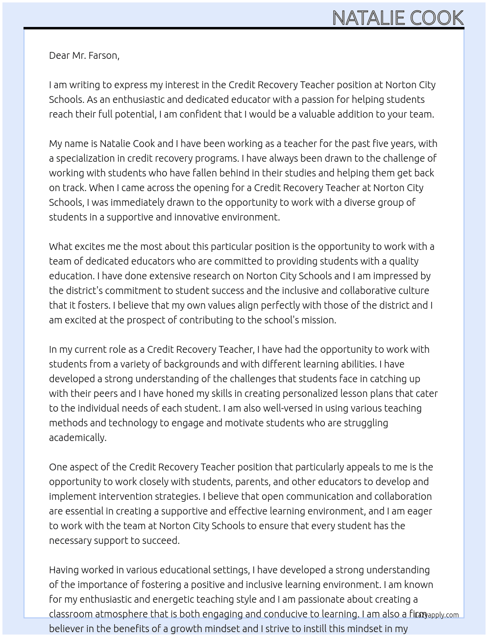 Credit Recovery Teacher At Norton City Schools Cover Letter