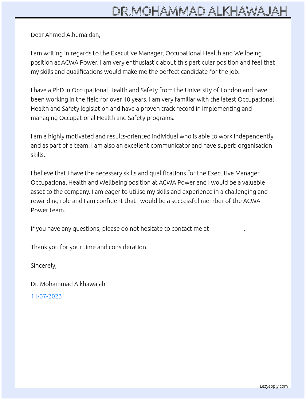 Executive Manager, Occupational Health and Wellbeing At ACWA Power  Cover Letter