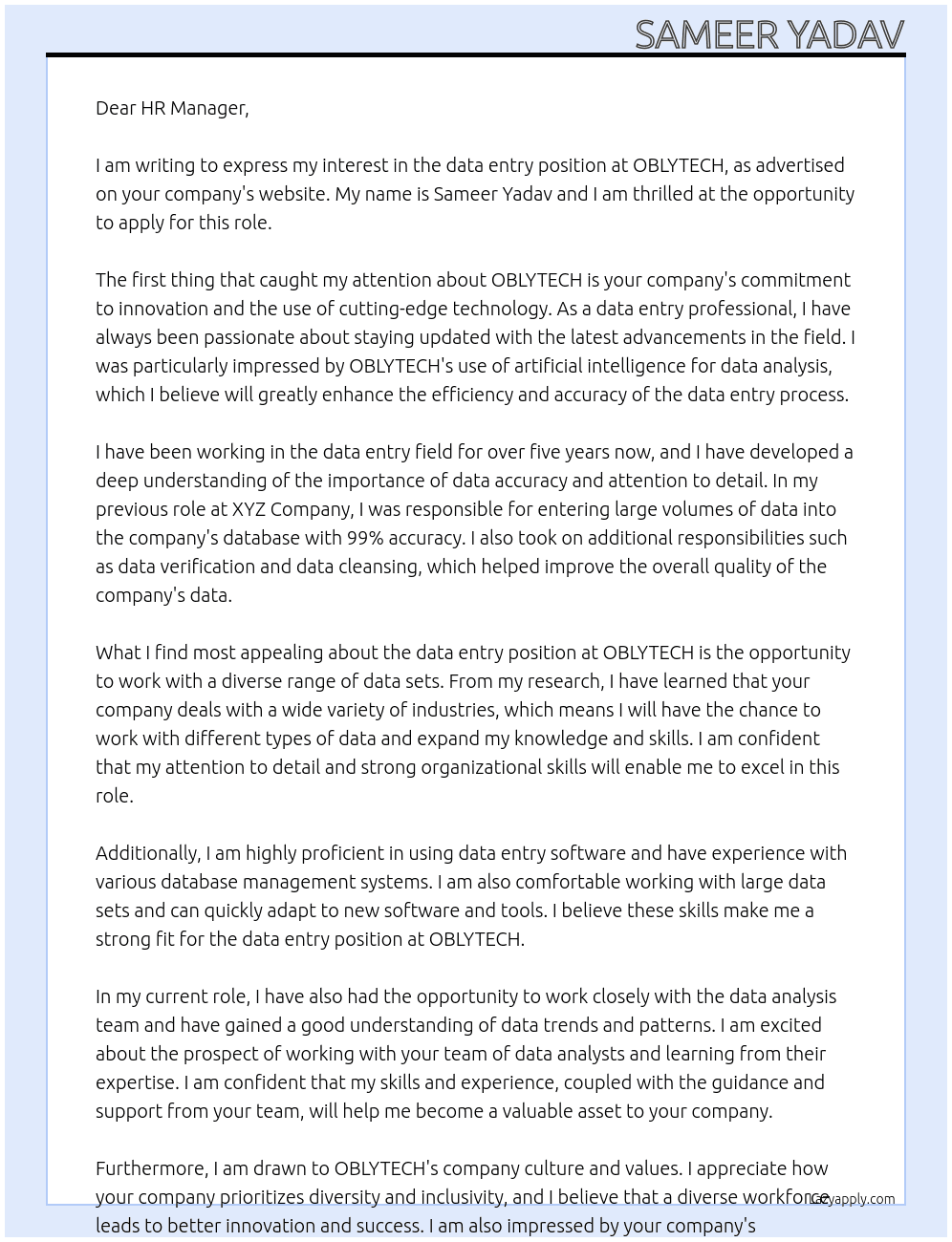 data entry At OBLYTECH Cover Letter