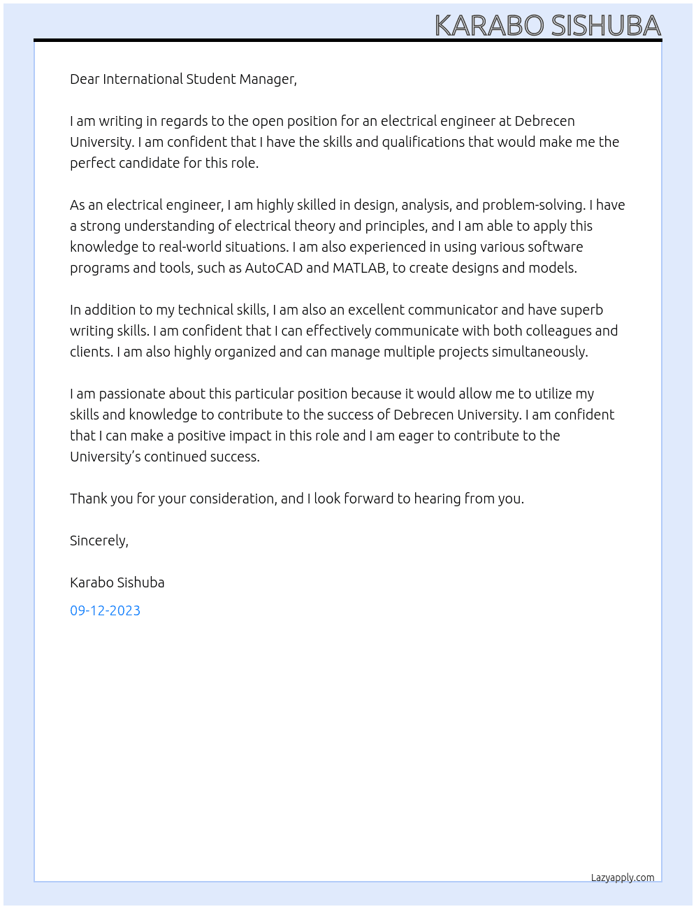 Electrical Engineering  At Debrecen University  Cover Letter