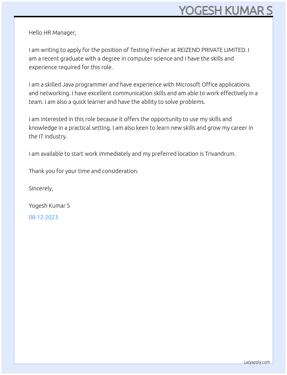 Testing Fresher At REIZEND PRIVATE LIMITED Cover Letter