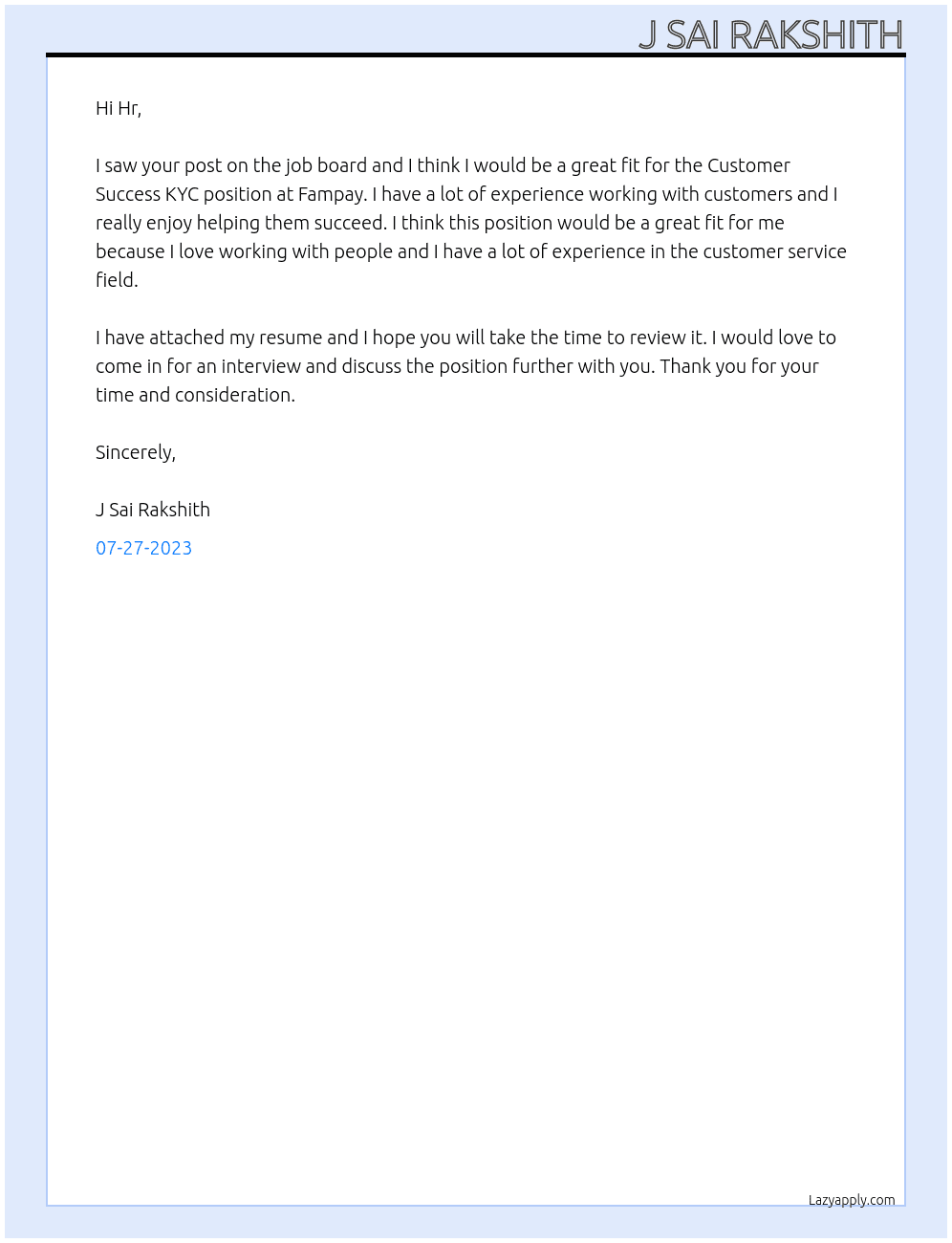Customer success kyc At Fampay Cover Letter