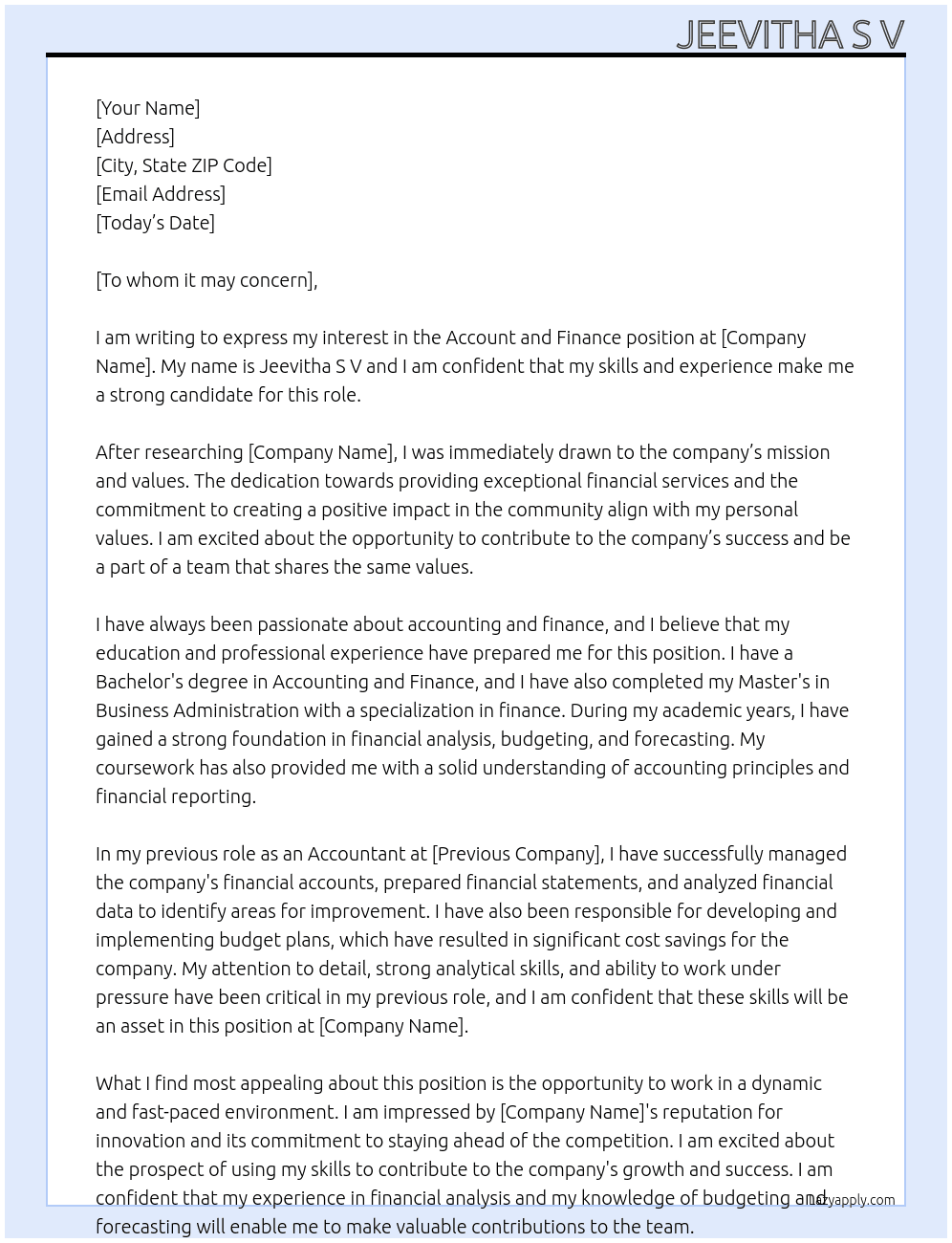 Account and finance  At To the company  Cover Letter