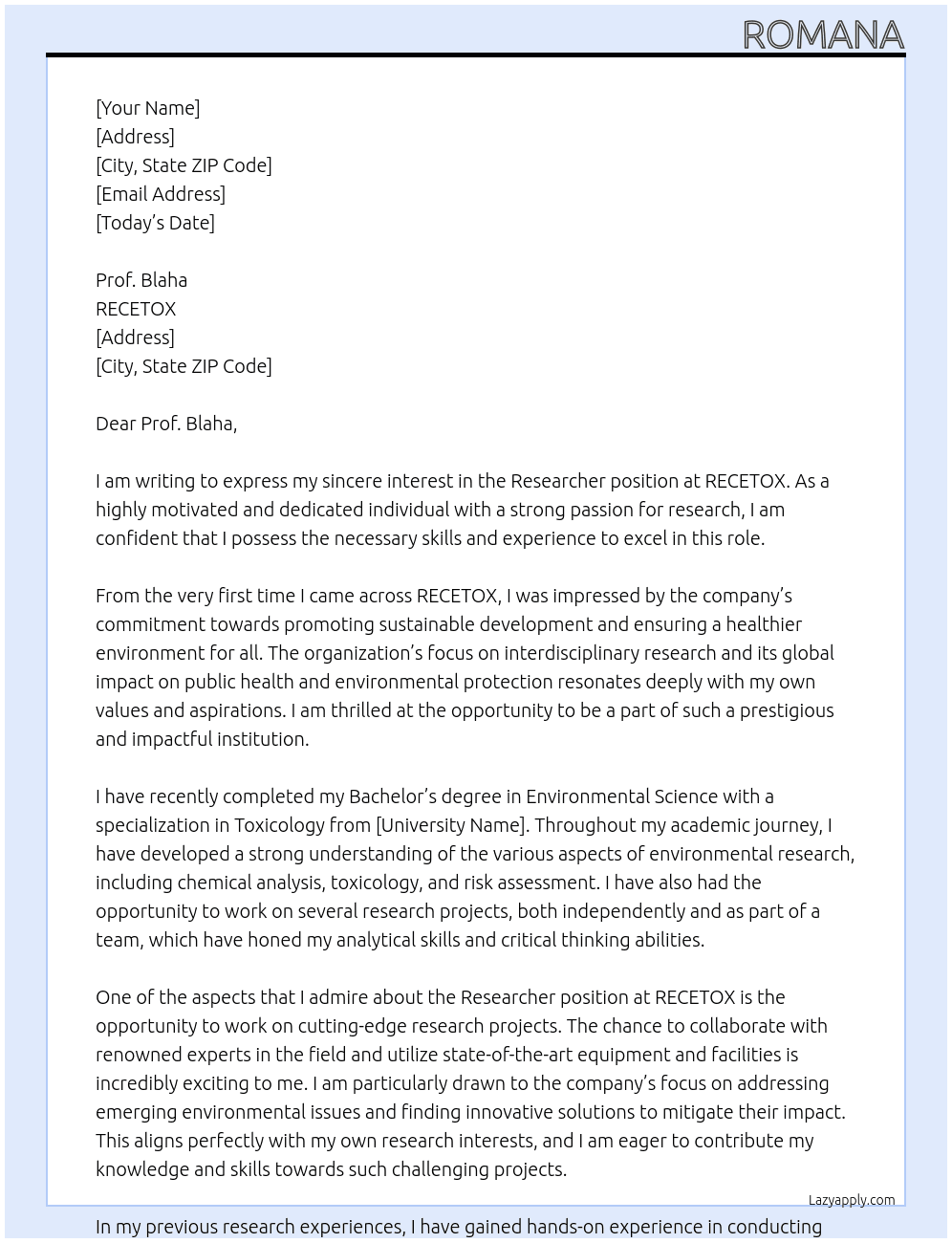 Researcher At RECETOX Cover Letter