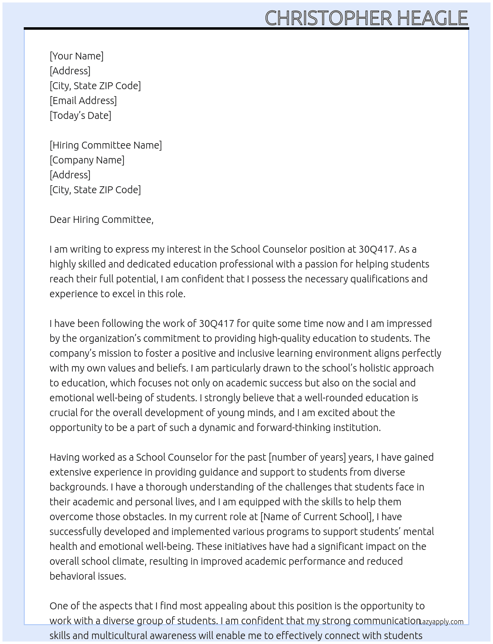 School Counselor At 30Q417 Cover Letter