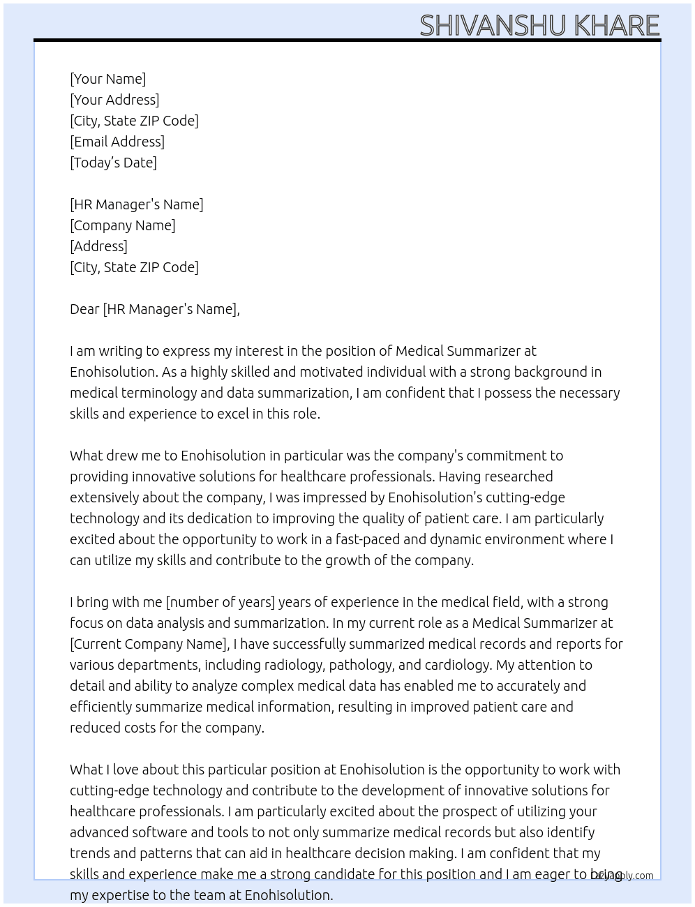 Medical summarizer At Enohisolution Cover Letter