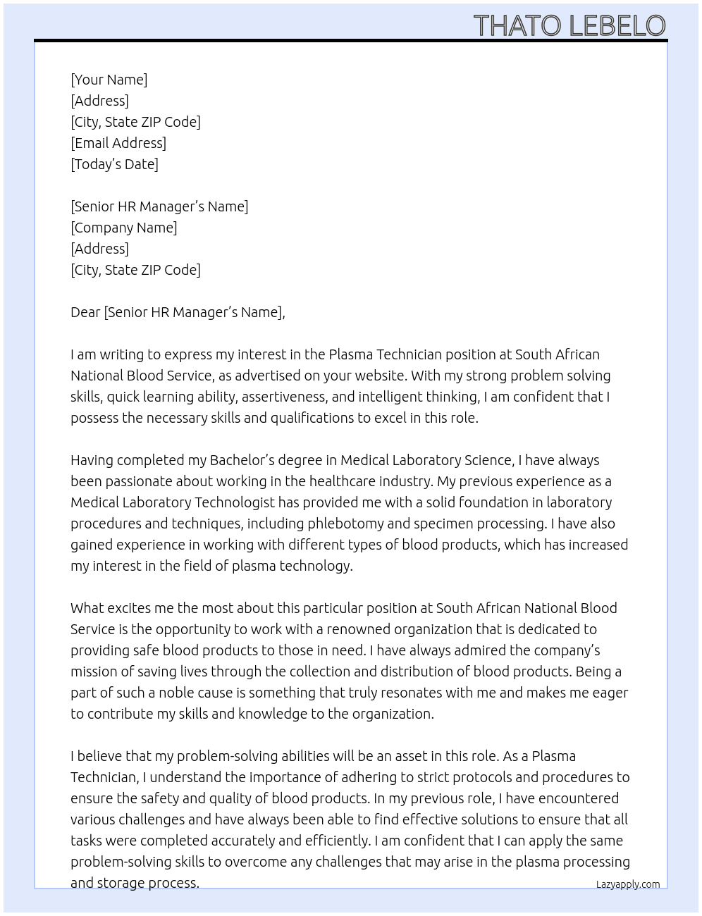 Plasma Technician At South African National Blood Service Cover Letter