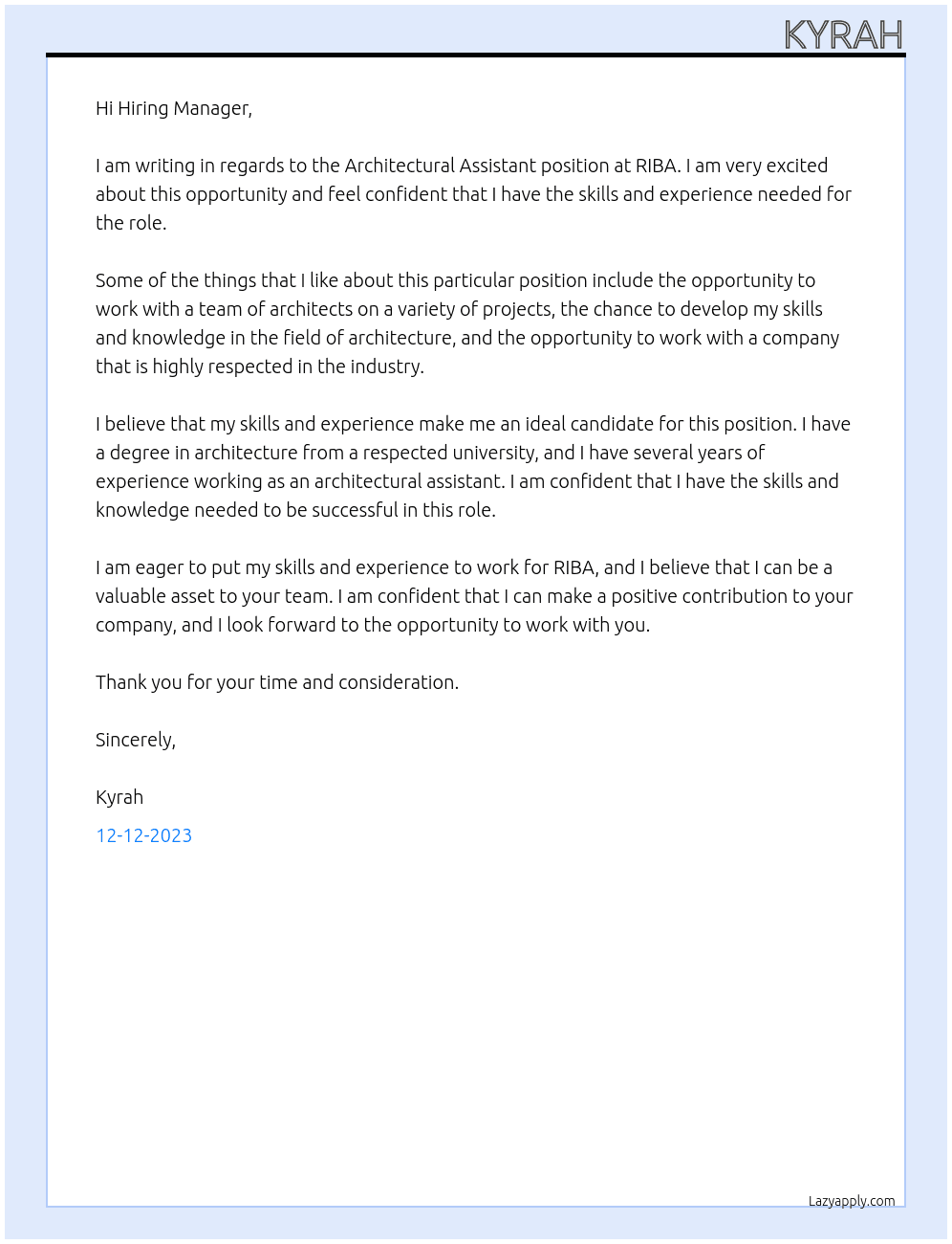 architectual assistant At RIBA Cover Letter