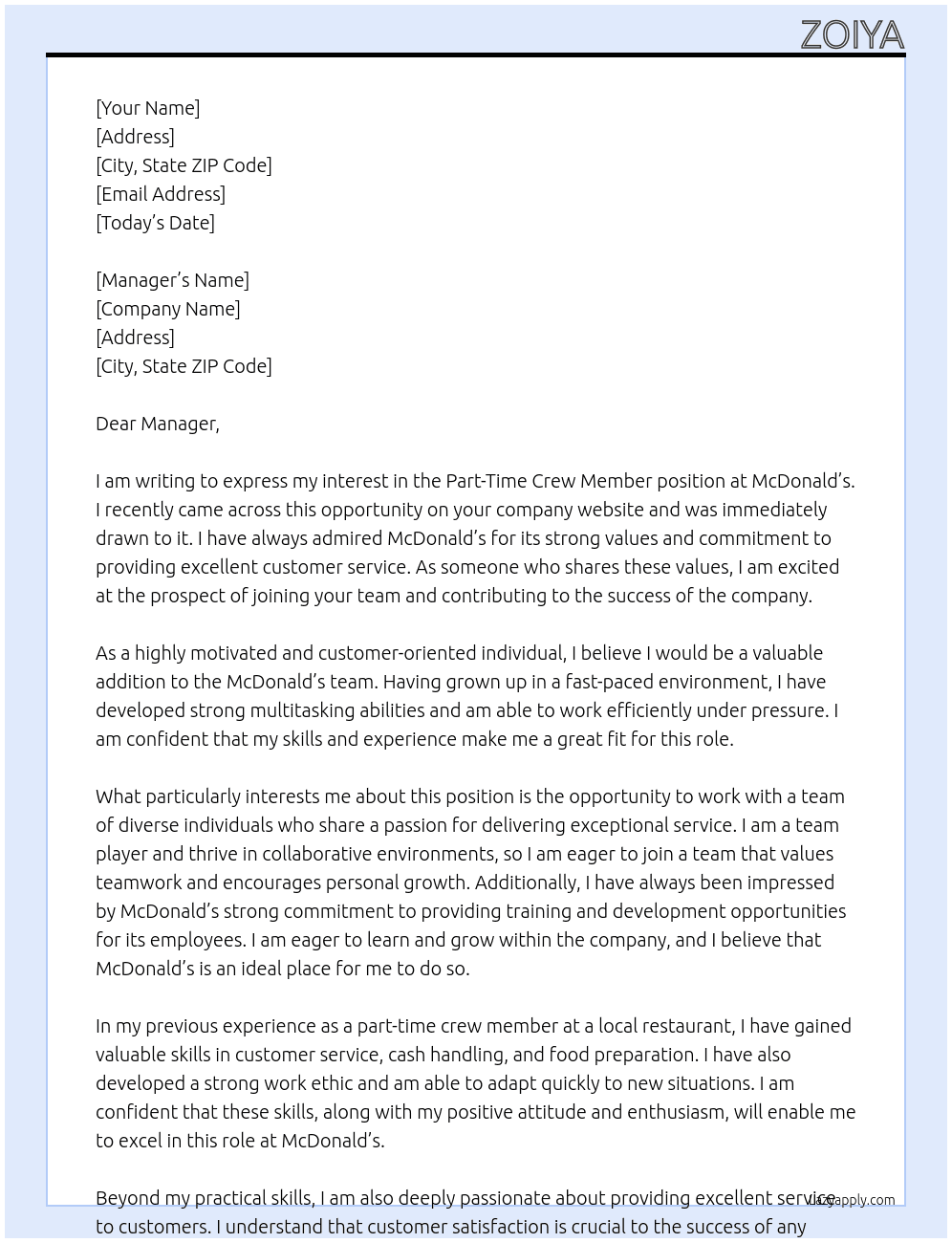 Part-Time Crew Member  At McDonalds Cover Letter