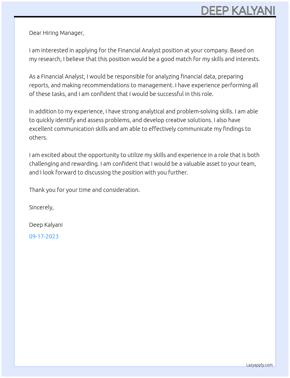 Financial Analyst At Financial Analyst Cover Letter