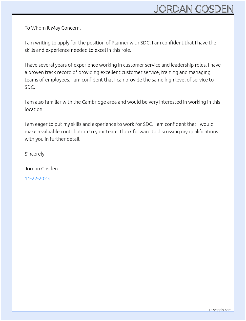 Planner At SDC Cover Letter