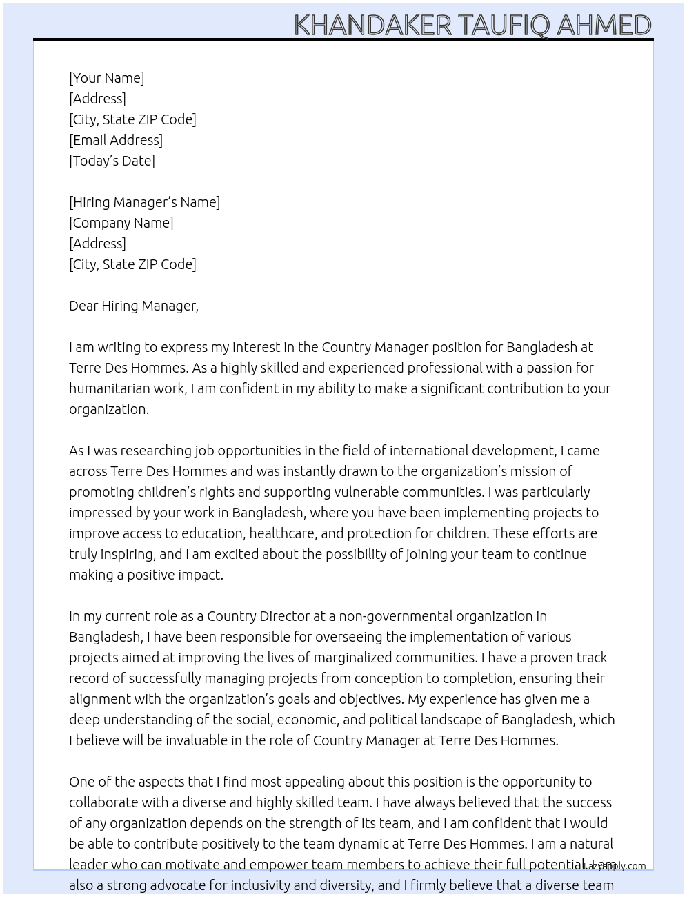 Country Manager Bangladesh At Terre Des Hommes Cover Letter