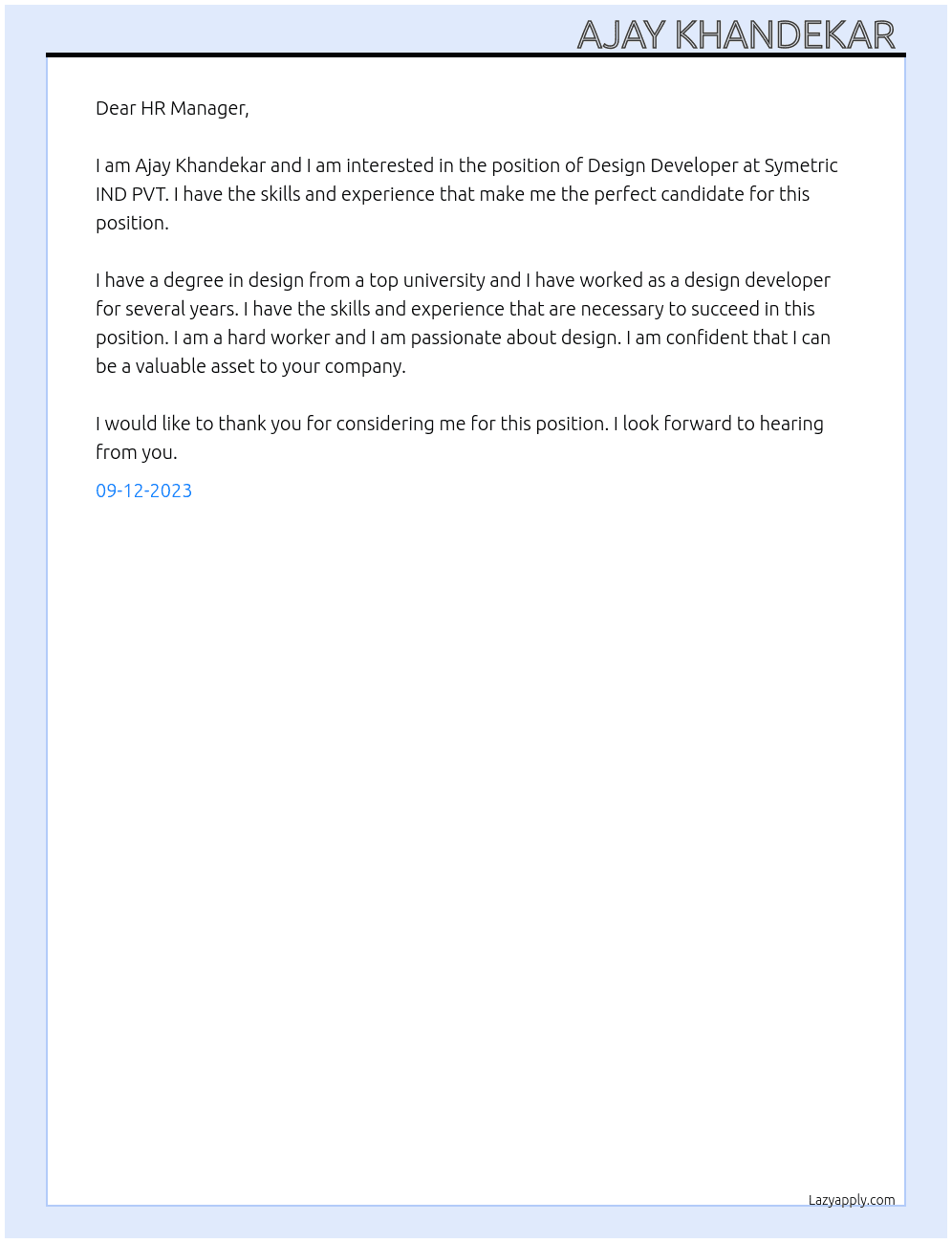 Design Developer  At Symetric IND PVT  Cover Letter