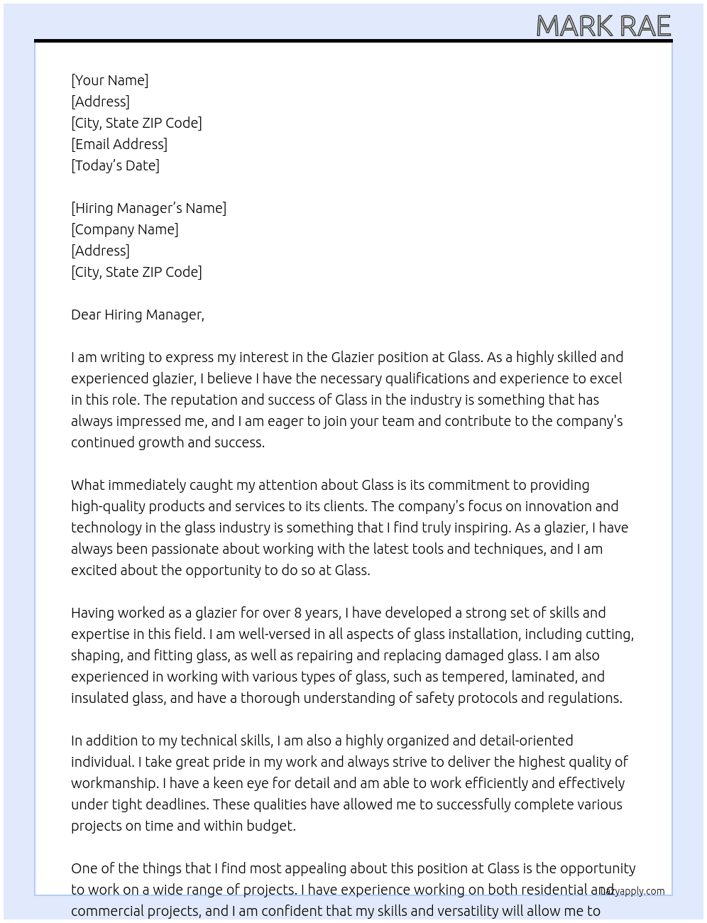 Glazier At Glass Cover Letter