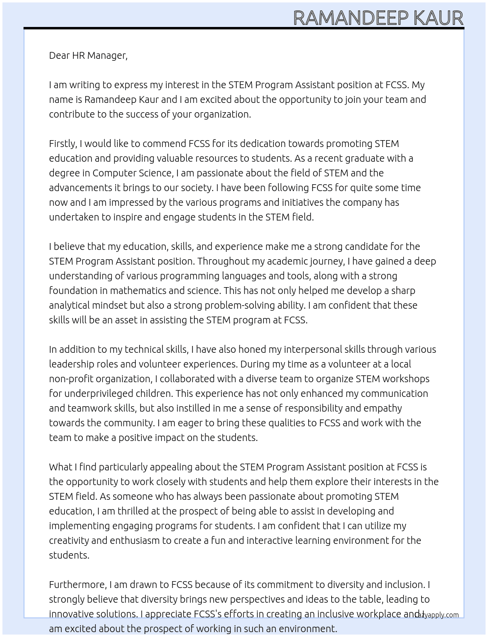 STEM Program Assistant  At FCSS Cover Letter