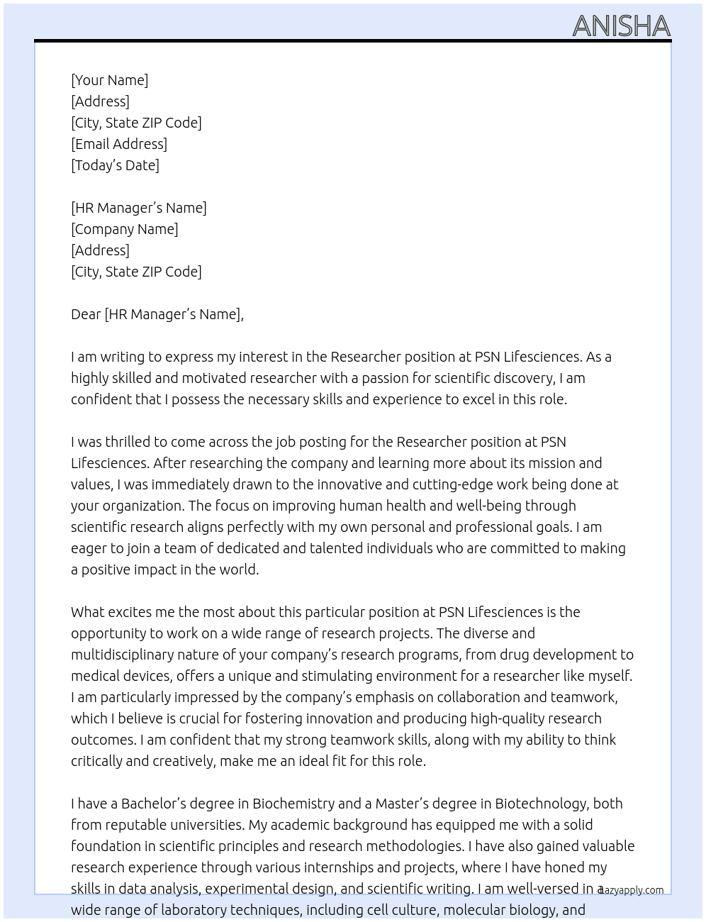 Researcher At PSN lifesceinces Cover Letter