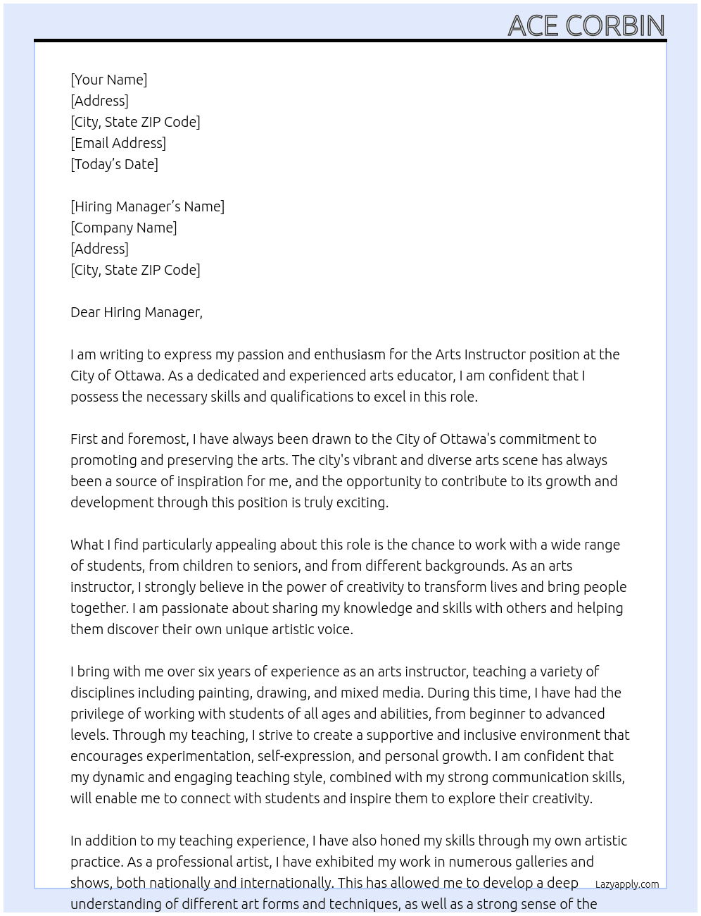 Arts Instructor At City Of Ottawa Cover Letter