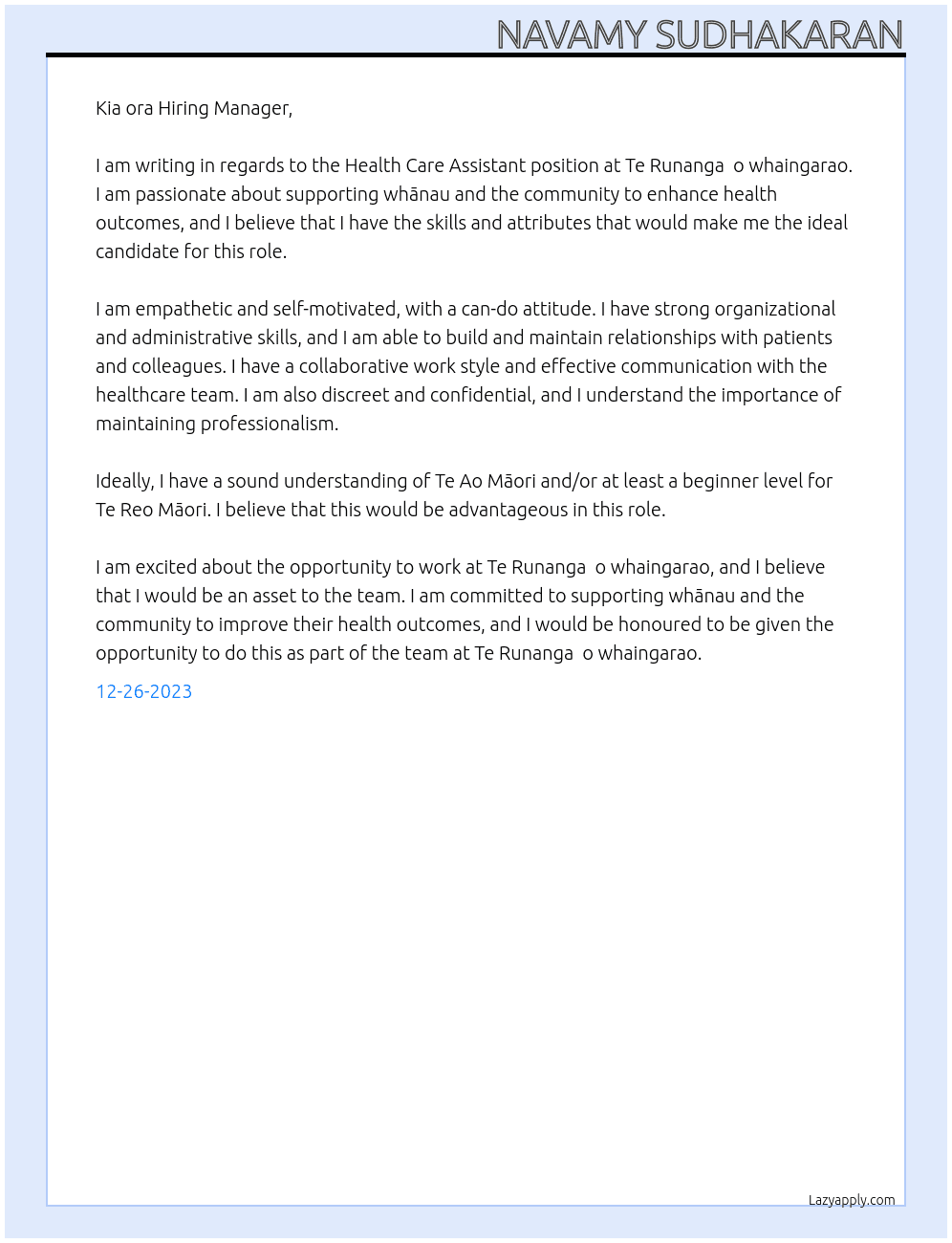 Health care assistant At Te Runanga  o whaingarao Cover Letter