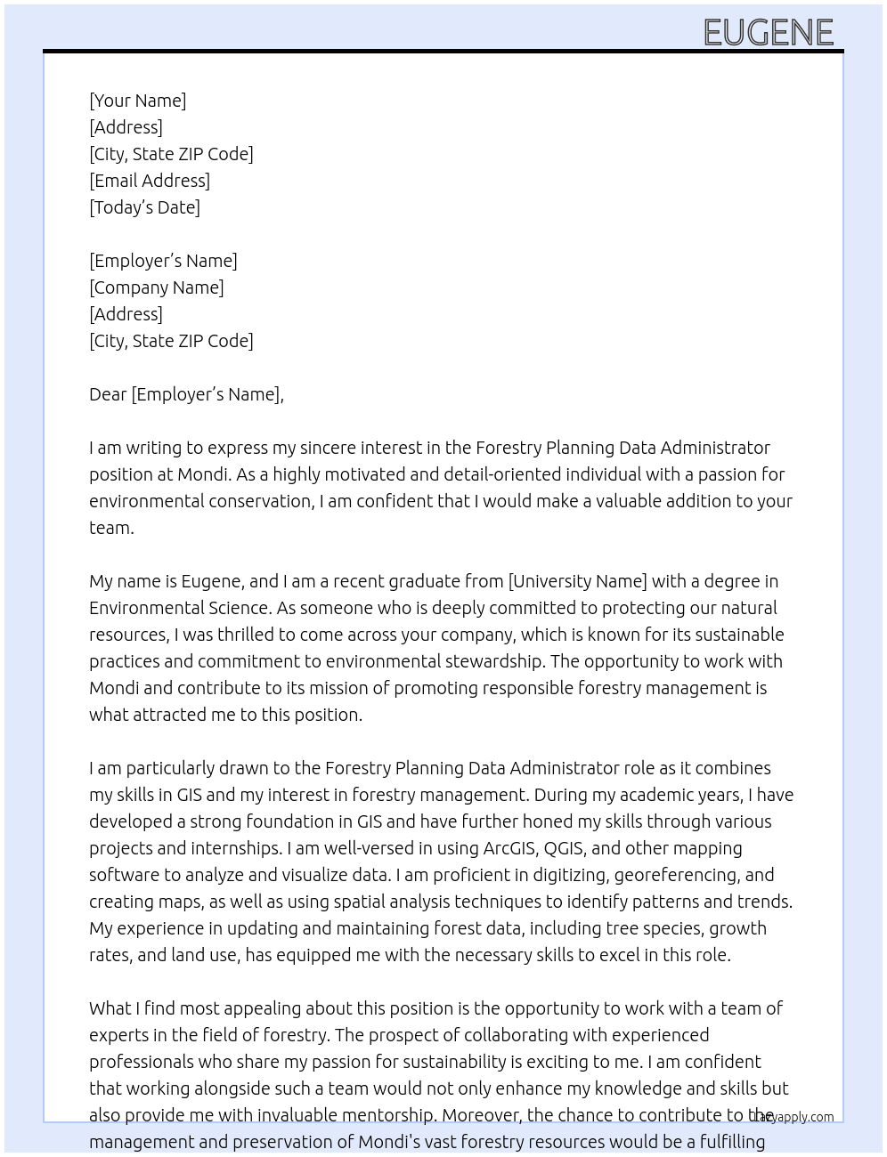 Forestry Planning Data administrator  At Mondi  Cover Letter