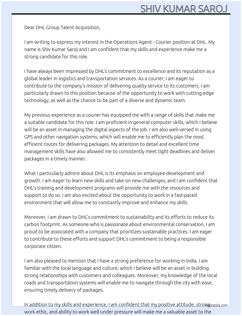 Operations Agent - Courier At DHL  Cover Letter