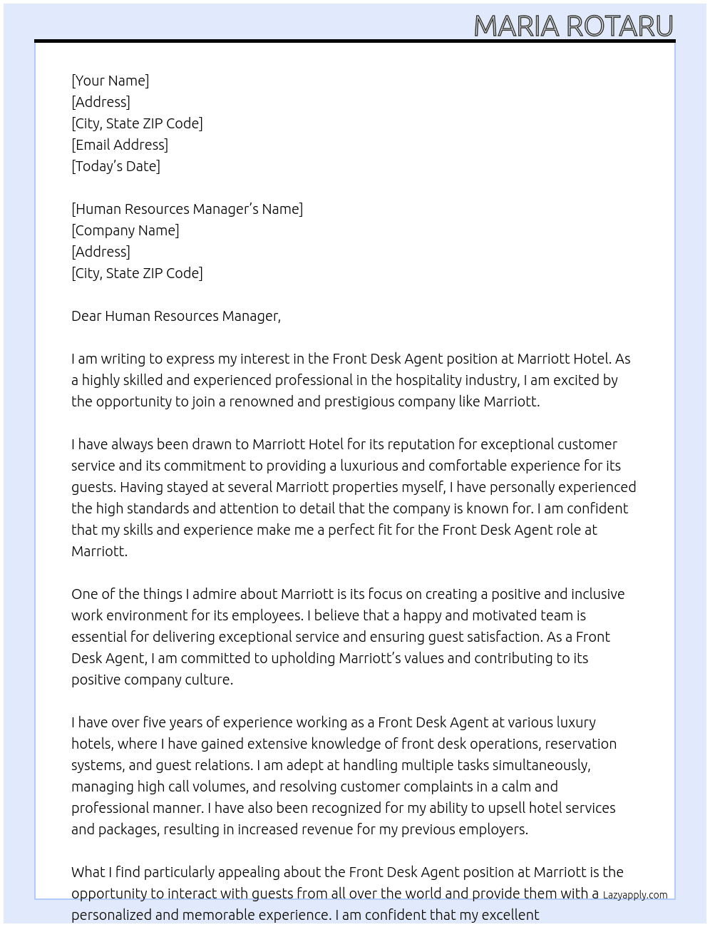 Front Desk Agent At Marriott Hotel Cover Letter