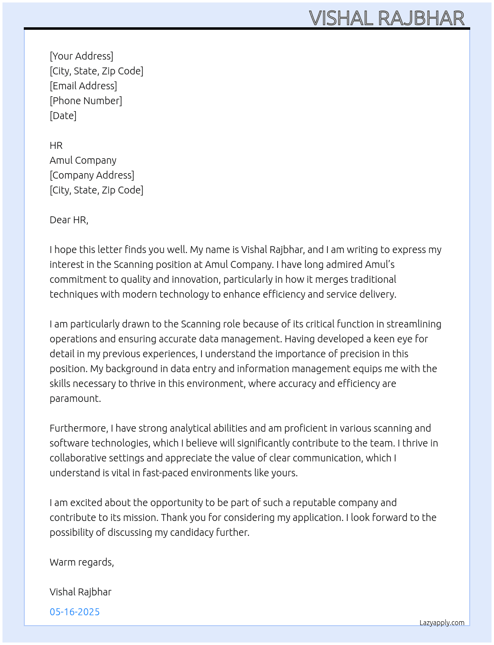 Scanning  At Amul Company  Cover Letter