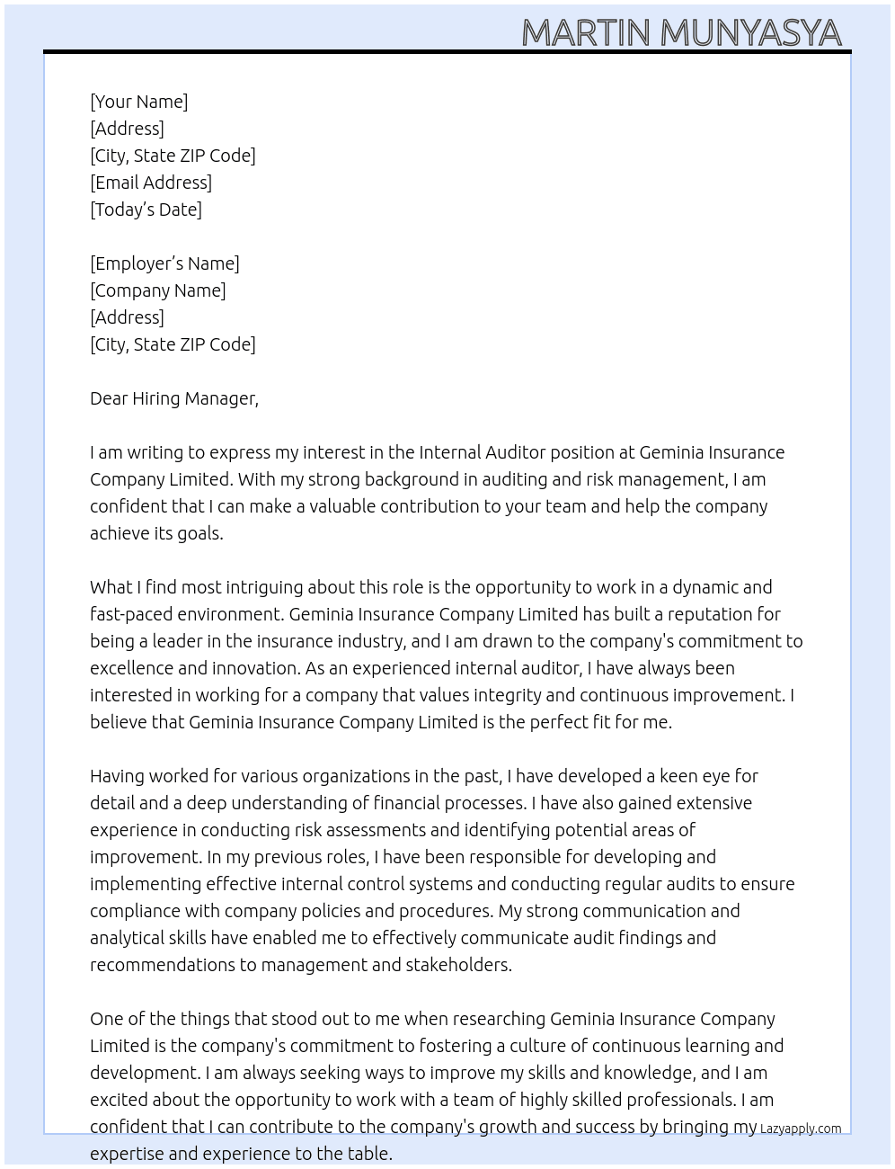 Internal auditor At Geminia insurance company limited Cover Letter