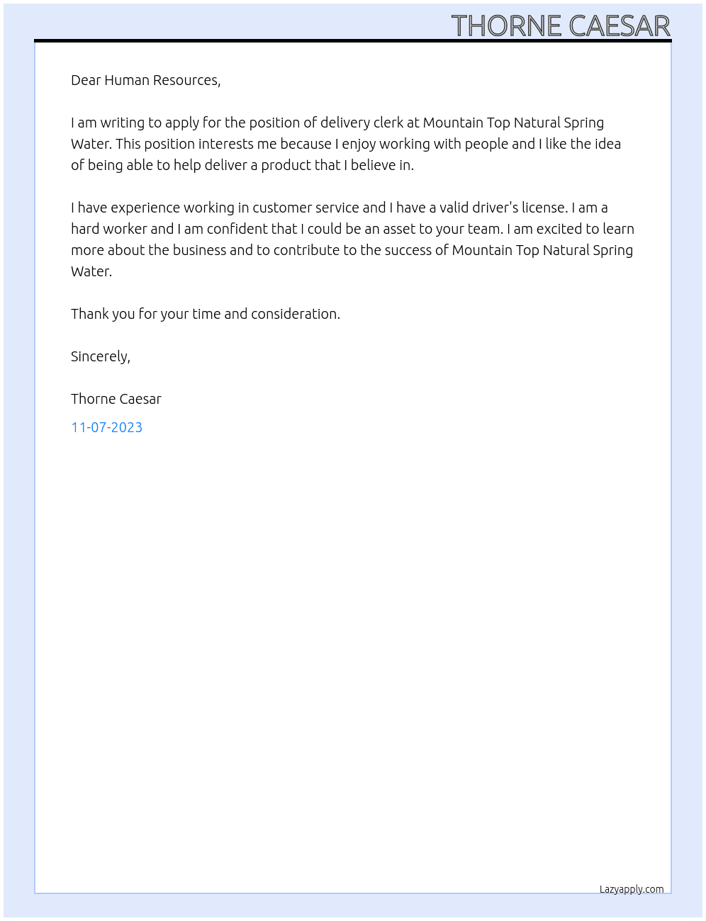 delivery clerk At Mountain Top Natural Spring Water Cover Letter