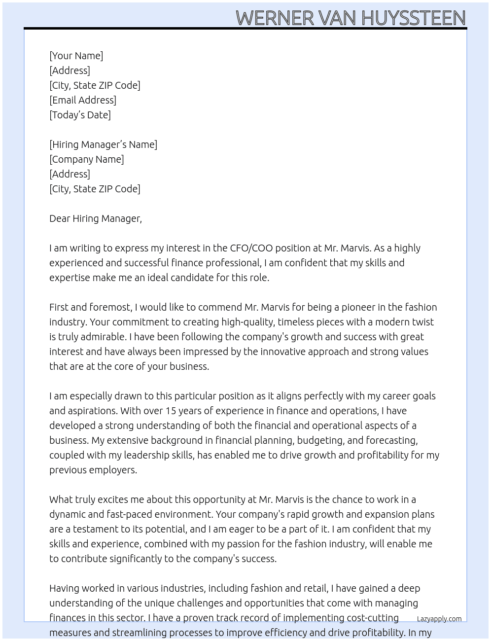 CFO / COO At Mr. Marvis Cover Letter