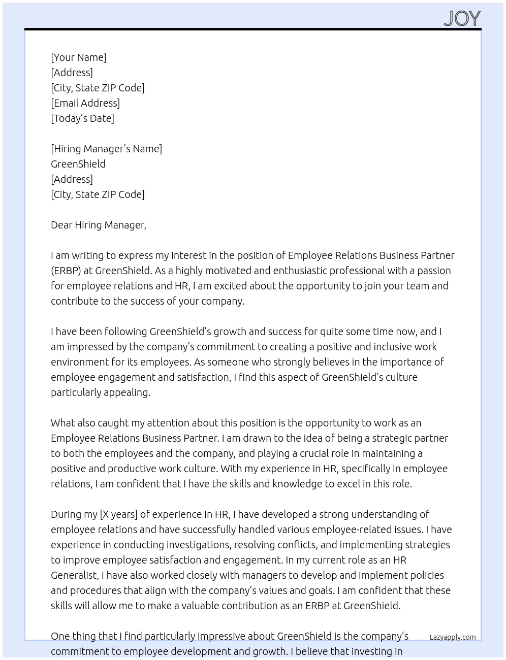 Employee Relations Business Partner (ERBP) At GreenShield Cover Letter