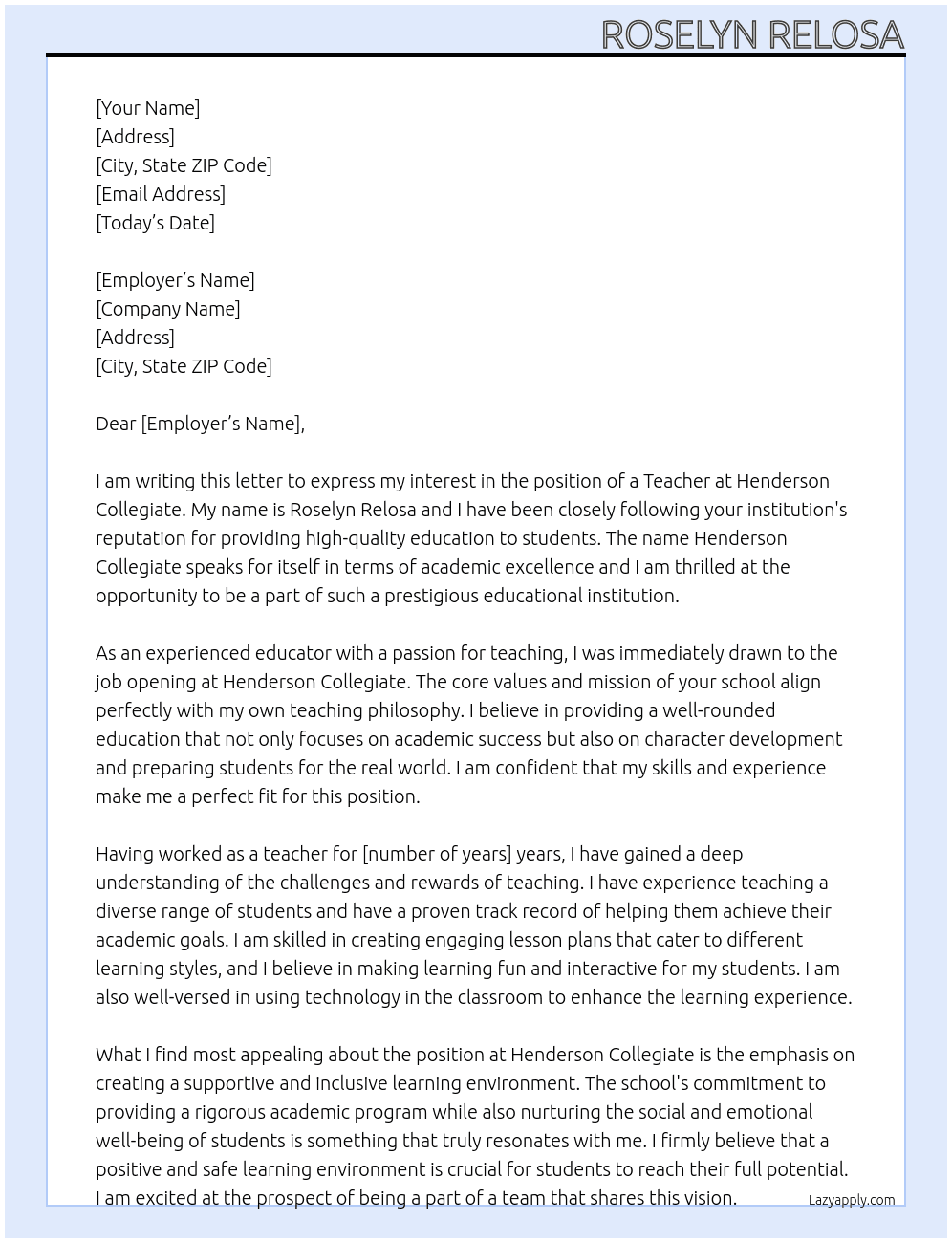 Teacher At Henderson Collegiate Cover Letter