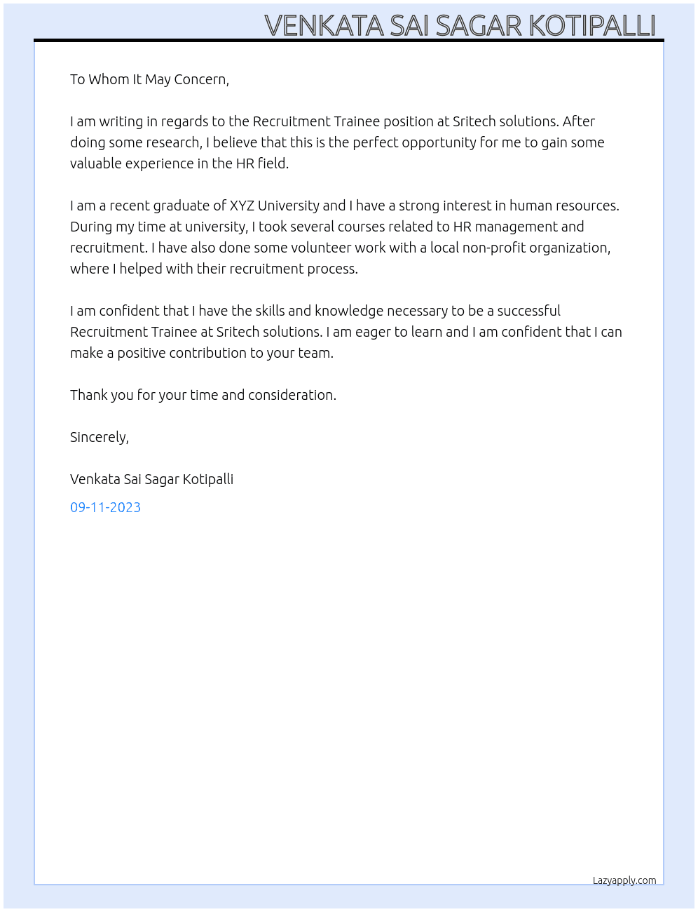 Recruitment Trainee At Sritech solutions  Cover Letter