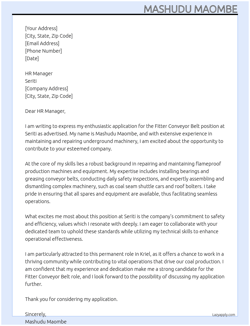 Fitter Conveyor Belt  At Seriti Cover Letter