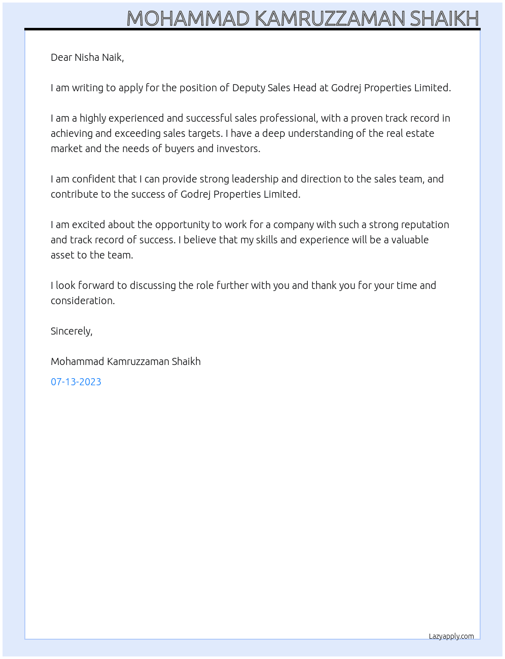 Deputy Sales Head At Godrej Properties Limited Cover Letter