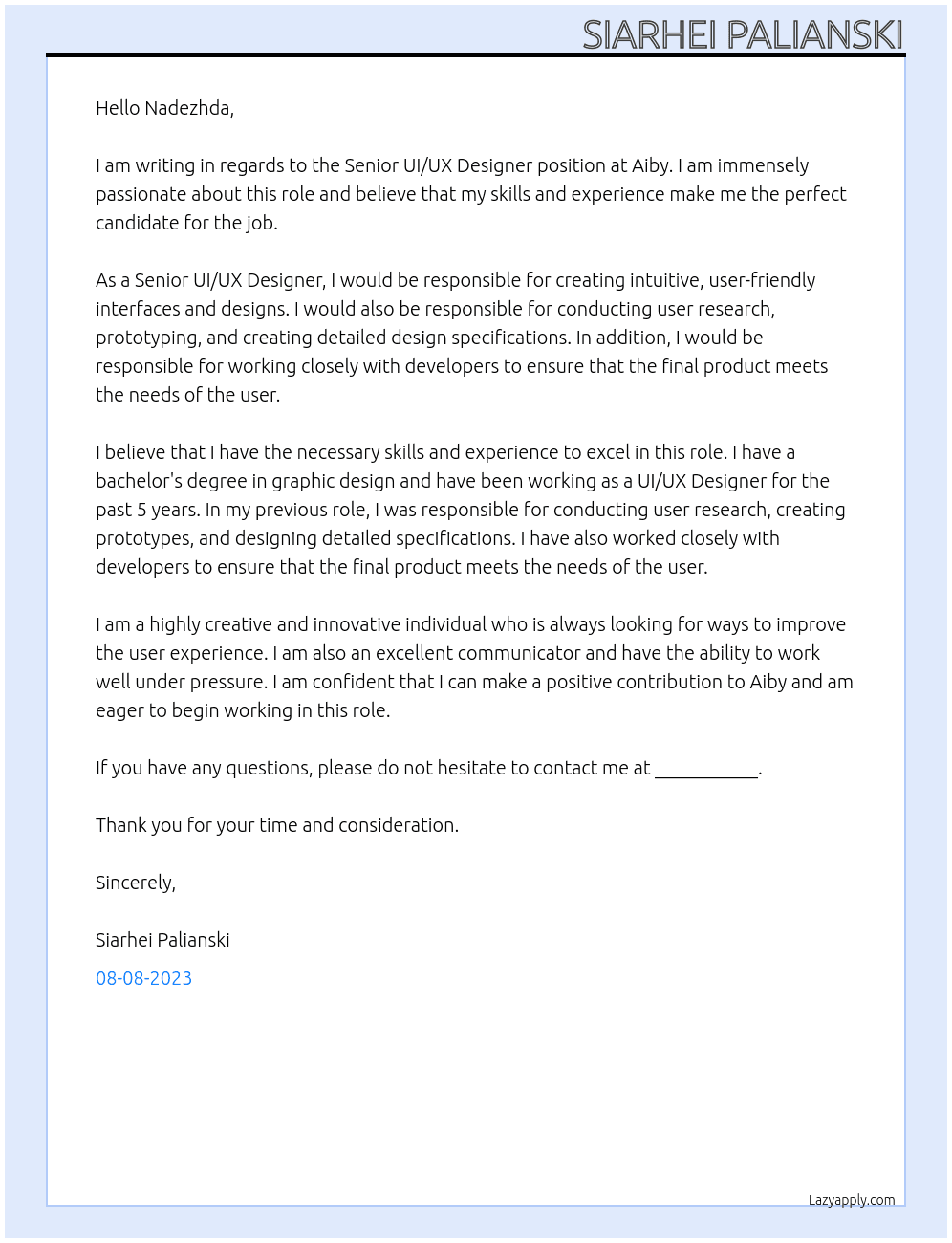 Senior UI/UX Designer At Aiby Cover Letter