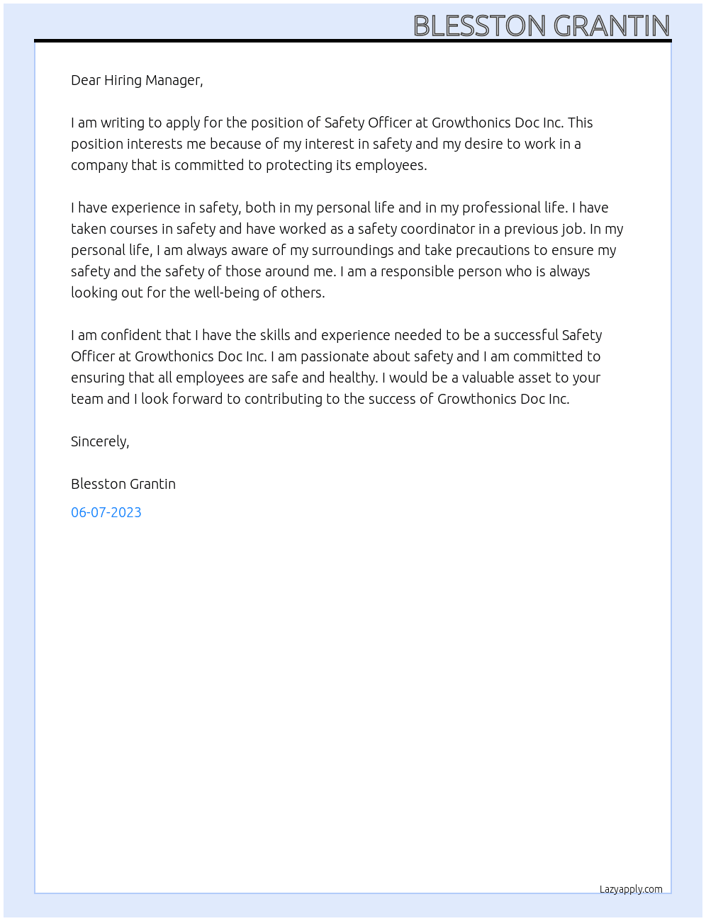safety officer At Growthonics Doc Inc.  Cover Letter